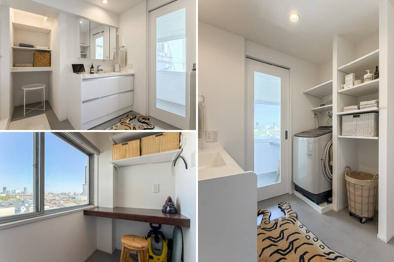 続いて、洗面室をご紹介します。洗面台の横にはドレッサーのように使える棚があるほかにも、背面にも充実の収納スペースが。さらに、引き戸を開けると「家事室」（左下）にアクセスできます。