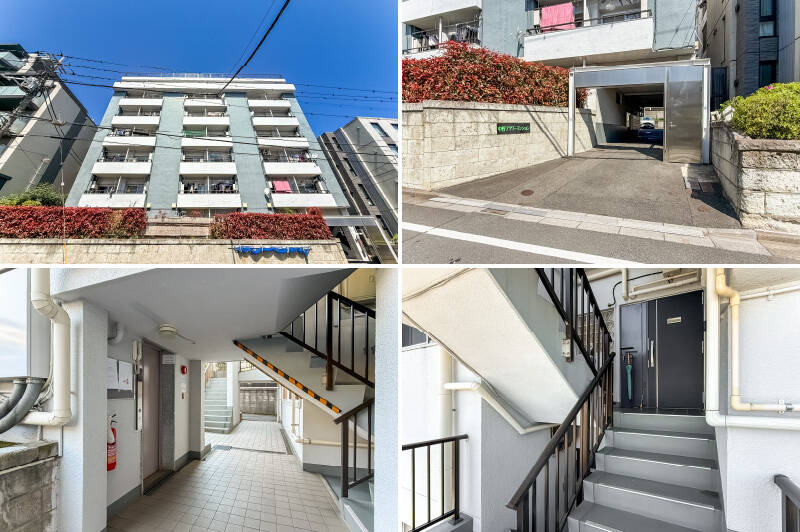 <b>左上・</b>1967年に竣工した、渋い外観の建物。／<b>右上・</b>エントランスはシャッター付き。7時〜18時まで開放されています。／<b>左下・</b>エントランスホールはなく、奥へ進むとエレベーターがあります。／<b>右下・</b>スキップフロア構造の建物のため、ご紹介した住戸にアクセスするには数段だけ階段を上がります。