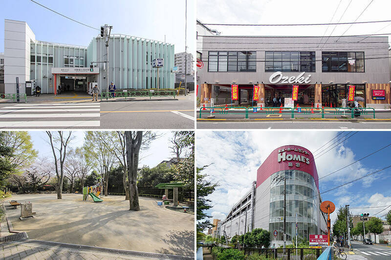 <b>左上・</b>ご紹介した物件の最寄り駅は、東京メトロ丸ノ内線「中野富士見町」。2019年に「新宿」方面への直通運転がスタートし、通勤・通学に便利な駅になりました。（徒歩7分）／<b>右上・</b>駅からマンションに向かう途中には、品揃え豊富なスーパー「オオゼキ 杉並和田店」が。毎日10時〜22時まで営業しています。（徒歩6分）／<b>左下・</b>敷地内に児童館を併設した「和田中央公園」。小さなお子さまから小学生まで遊べる遊具があります。（徒歩5分）／<b>右下・</b>「島忠 ホームズ 中野本店」は、ペットと一緒にお買い物を楽しめるホームセンター。年中無休の動物病院も入っているので、ワンちゃん・猫ちゃんとの暮らしも安心できそう。（徒歩10分）