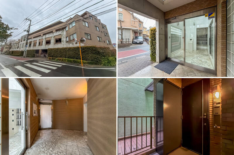 1999年竣工。オートロック・宅配ボックス付きの新耐震基準適合マンション。共用廊下の突き当たりに、今回ご紹介する住戸の玄関扉があります。