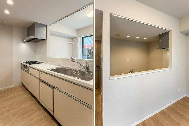 キッチンは3口コンロ、食洗機付き。大人が両手を広げても余裕があるワイドな造りで、ふたりで並んでお料理を楽しむこともできそうです。