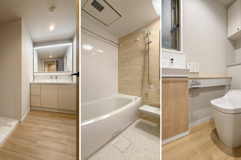 <b>左・</b>三面鏡付きの機能的な洗面台。／<b>中央・</b>浴室乾燥機を備えた1418サイズのユニットバス。／<b>右・</b>トイレは廊下からアクセスする間取り。手入れがしやすいタンクレスタイプで、独立の手洗いカウンターや吊り戸棚、ニッチ収納が備わっています。