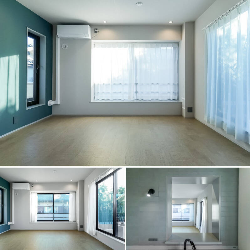 <b>上・</b>カーテンを閉めてもこれまた素敵な雰囲気。一気にしっとりとした空気感を纏います。／<b>左下・</b>カーテンを開けると、南西側の窓はお隣の戸建てと距離が近めです。普段はレースカーテンを活用するのがおすすめ。／<b>右下・</b>キッチンに立つと、シンクの前に小窓のようなくり抜きが。『ごはんできたよ〜』とリビングにいる家族へ声掛けがスムーズです（笑）