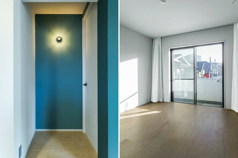 <b>左・</b>洋室Aの入口はLDKから少し奥まった位置にあります。アクセントのブラケットライトが素敵。／<b>右・</b>南西向きのバルコニーが付いています。