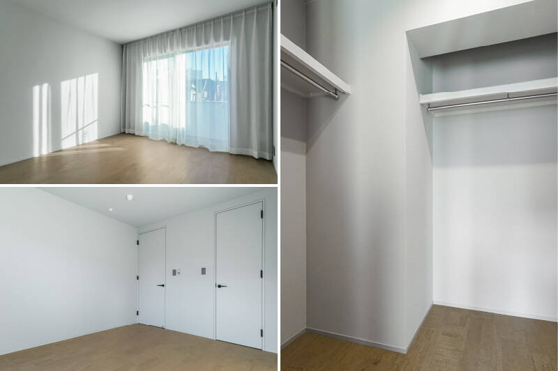 <b>左上・</b>カーテンを閉めると、高級感が出ますね。天井にカーテンレールが付いており、カーテンボックスがない仕様のためすっきりとした印象です。／<b>左下・</b>建具はホワイトで統一されています。／<b>右・</b>右側の扉の中はウォークインクローゼット（WIC）。お洋服はもちろん、季節家電やスーツケースなども収納できそうです。