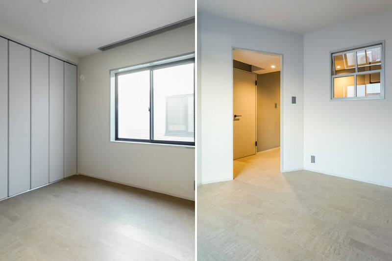 あえて扉を設けなかったという洋室B。壁一面の収納と玄関側には室内窓が備わっています。