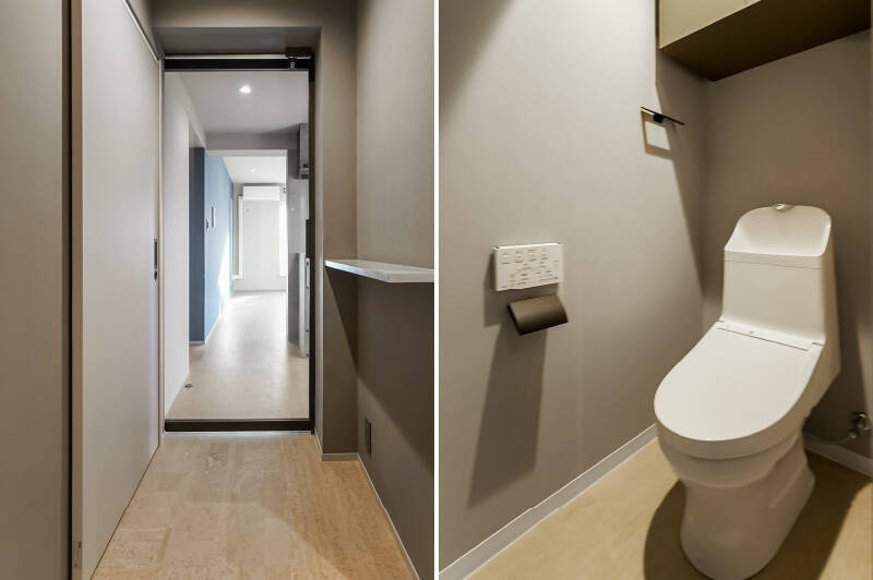 <b>左・</b>LDKの建具はガラス貼り。採光が廊下まで届きます。／<b>右・</b>玄関の横にあるトイレ。収納付きです。