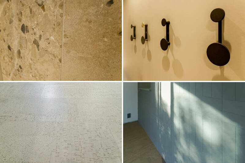 <b>左上・</b>玄関まわりにあしらわれたタイル。自然な風合いです。／<b>右上・</b>土間スペースの壁かけフック。身の回りのアイテムや、ペットのリードなどの一時置き場にぴったり。／<b>左下</b>・床材は、天然素材で足触りがやさしいコルクフローリングが採用されています。／<b>右下・</b>キッチンの壁のタイル。横と縦貼りが組み合わさり、光が当たることで、表情が時間帯によって変わります。