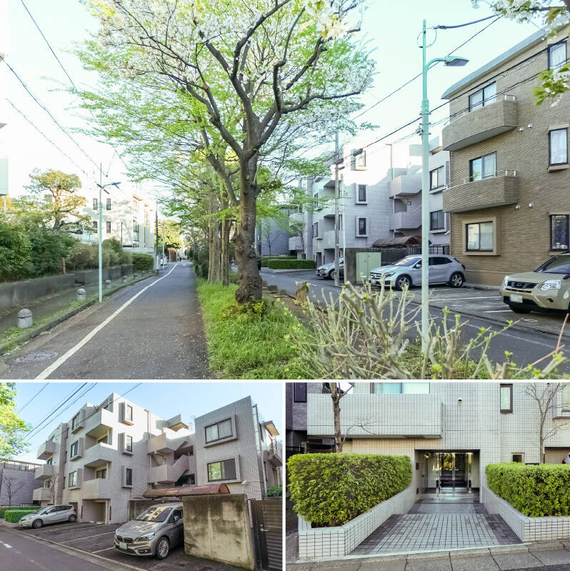 桜も咲く緑道沿いに佇むタイル貼りの、1990年竣工・総戸数14戸の新耐震基準適合のマンション。エントランスアプローチには数段の階段がありました。