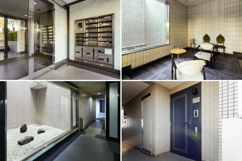 <b>左上・</b>エントランスには、オートロックと宅配ボックスが備わっています。／<b>右上・</b>ちょっとしたラウンジスペースも。クラシックな家具で雰囲気があります。／<b>左下・</b>エレベーター前には坪庭のような空間が。／<b>右下・</b>住戸の玄関扉。角住戸なので玄関前の人通りはなさそうです。