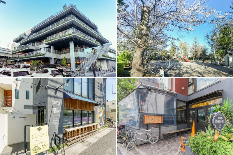 <b>左上・</b>2025年にオープンした商業施設「駒沢パーククォーター」。テラスやビオトープがあり、愛犬と同伴も可能です。（徒歩10分）／<b>右上・</b>マンションから最寄りの公園は「東根公園」。取材日はちょうど桜が見頃を迎えていました。（徒歩1分）／<b>左下・</b>コーヒースタンドを併設したスポーツアパレルブランドのショップ「SPORTY COFFEE KOMAZAWA（スポーティーコーヒーコマザワ）」。ジョギングコースにちょうどいい「駒沢公園」とも近く、運動意欲が刺激されそう！（徒歩8分）／<b>右下・</b>「BROOKLYN RIBBON FRIES （ブルックリンリボンフライズ） 駒沢店」は、本格的なNYバーガーやベーグルサンドイッチを楽しめるお店。お散歩帰りに立ち寄りたいですね。（徒歩6分）