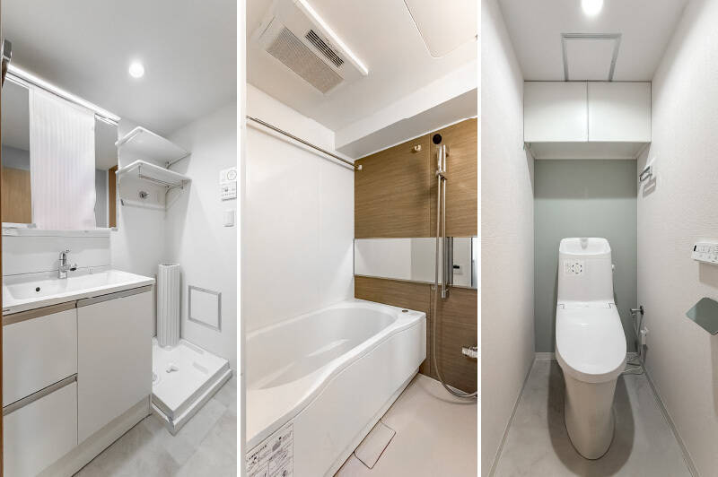 廊下からアクセス。1216サイズのユニットバスは、浴室乾燥機・追い焚き機能を完備。