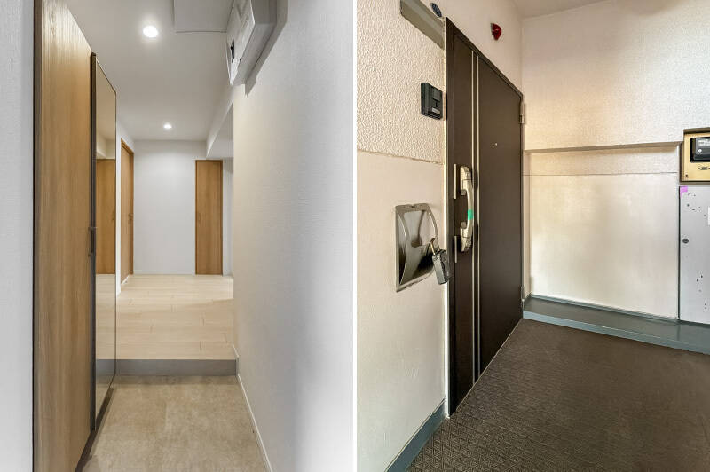 お邪魔しました！ 玄関には姿見付きのシューズボックスが設置されています。