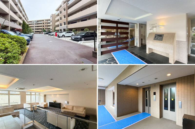 <b>左上・</b>機械式駐車場は2025年11月現在空きあり。月額13,000円から20,000円でご利用いただけます。最新の空き状況やサイズはお問い合わせくださいね。/<b>右上・</b>アーチで囲われたアプローチを抜け、ご紹介する棟のエントランスへ。オートロック、宅配ボックスを備えています。/<b>左下・</b>ホテルのような共用ロビー。/<b>右下・</b>エレベーターは2機用意されています。