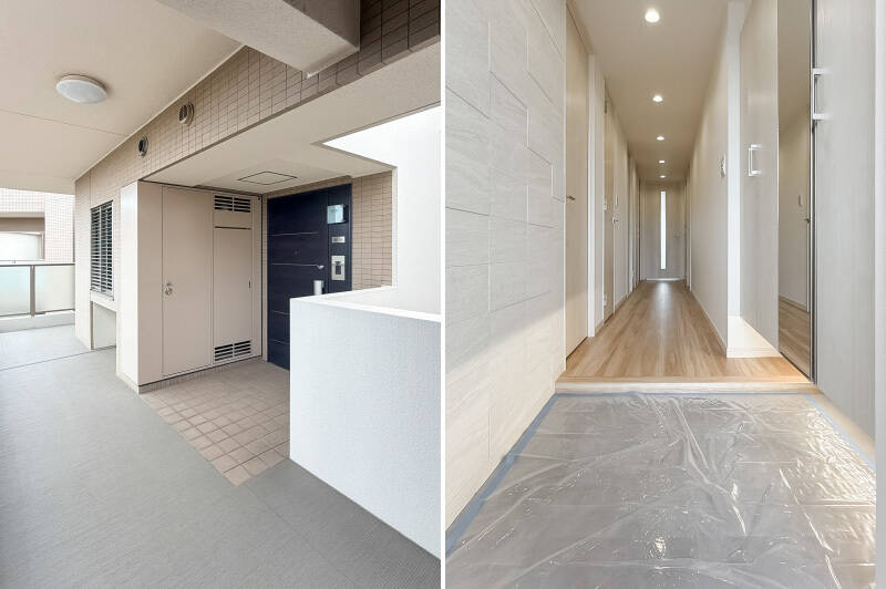 <b>左・</b>共用廊下はゆったりしており、玄関扉の前にはアルコーブが。こちらにコンパクトなトランクルームが付いています。/<b>右・</b>白と木目で構成された爽やかな内装。下足入れは一部姿見になっています。