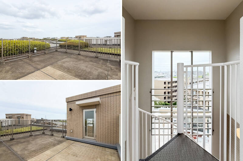 広さは約27㎡。帖数換算すると約16帖もあるのです! こちらにも照明やコンセントが付いているので、プロジェクターで屋上上映会なんかもできちゃうかもしれません。そして個人的に階段室の開口が “萌えポイント” でした。