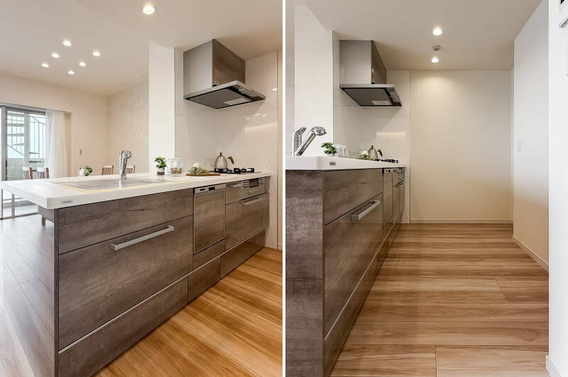 グリルや食洗機が付いた対面型システムキッチン。背後にはカップボードを置くスペースが確保されています。