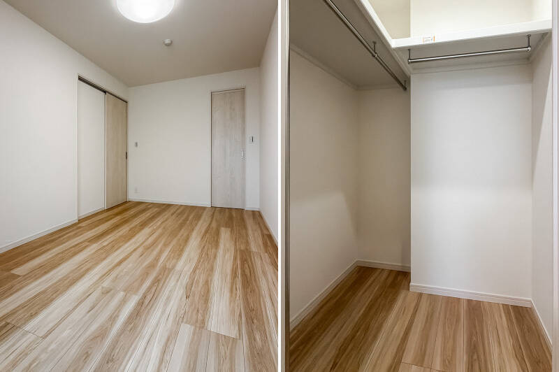 ウォークインクローゼット(WIC)付き。3つある居室のなかで最も広く収納量も豊富なので、主寝室としてお使いいただくのがオススメです。