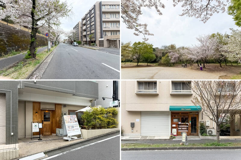 <b>左上・</b>マンションまでの道のりには桜並木が。春が楽しみになりますね。(撮影地点まで徒歩7分)/<b>右上・</b>マンション目の前にある「宮前美しの森公園」も桜が見事。ウグイスや鳥の美しい鳴き声が聞こえてきました。(徒歩1分)/<b>左下・</b>モロッコ料理とクラフトビールの「ホップトリップ たまプラーザ店」。乳児からお子さま入店OKで、テラス席はペット連れもOKです!(徒歩9分)/<b>右下・</b>オーガニック自家製粉パンが評判の「Bio Complet(ビオ コンプレ)」。ショーケースに美味しそうなパンが並んでいます。(徒歩7分)