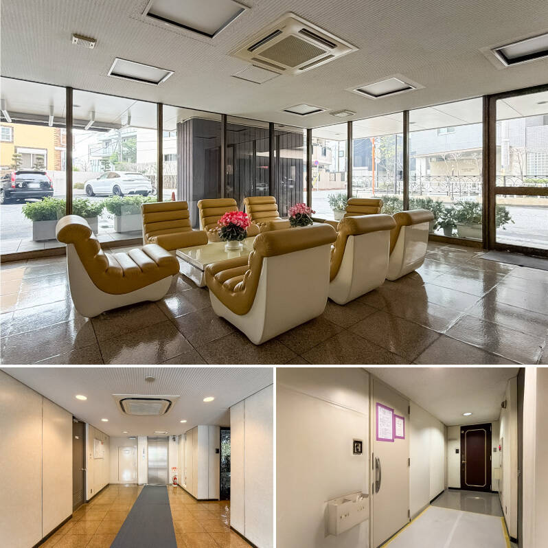 <b>上・</b>ご覧ください、この共用ロビーを。置かれているソファは恐らくイタリアの家具ブランド「arflex（アルフレックス）」のレインボーチェア。この家具が製造開始されたのも、マンションの竣工年と同じ1971年なのです。この一致に堪らなく萌えますね。／<b>左下・</b>エレベーターホールはシンプル。／<b>右下・</b>住戸が所在する7階の内廊下に到着。左手の玄関ドアを開け、いざ室内へ。