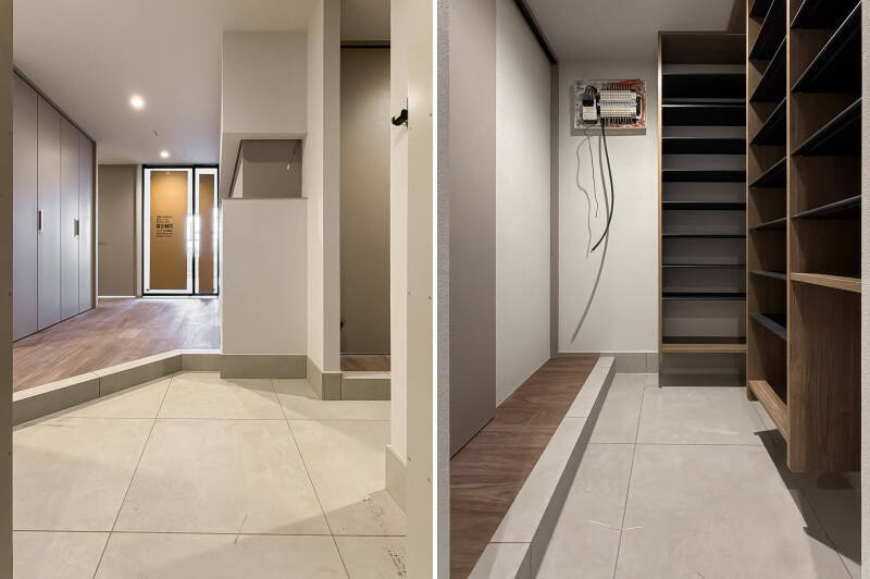 玄関ホールからさっそく専有面積のゆとりを感じます。タイル敷きの土間は右手に続き、容量たっぷりのシューズインクローゼット（SIC）が。幅広い廊下沿いには飾り棚や収納も設けられています。