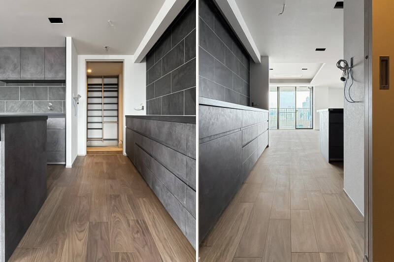 壁沿いにも大型のカウンター収納。間の引き戸を開けるとSICにつながっています。玄関からキッチンへショートカットできるのは、家事効率上大きなメリット。