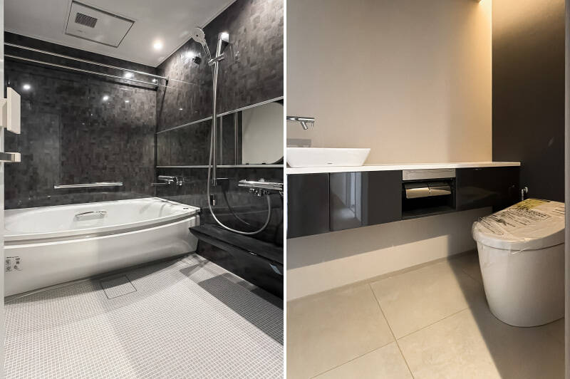 <b>左・</b>1620サイズの大型ユニットバス。衣類乾燥や暖房機能が付いています。／<b>右・</b>L字に走る廊下の突き当たり、洋室AとDの間にあるトイレ。手洗いカウンター付きです。