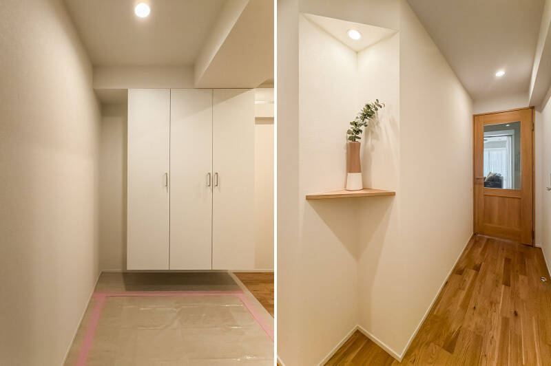 まずは玄関まわりから。100㎡超の専有面積を活かした、ゆとりを感じる設計です。