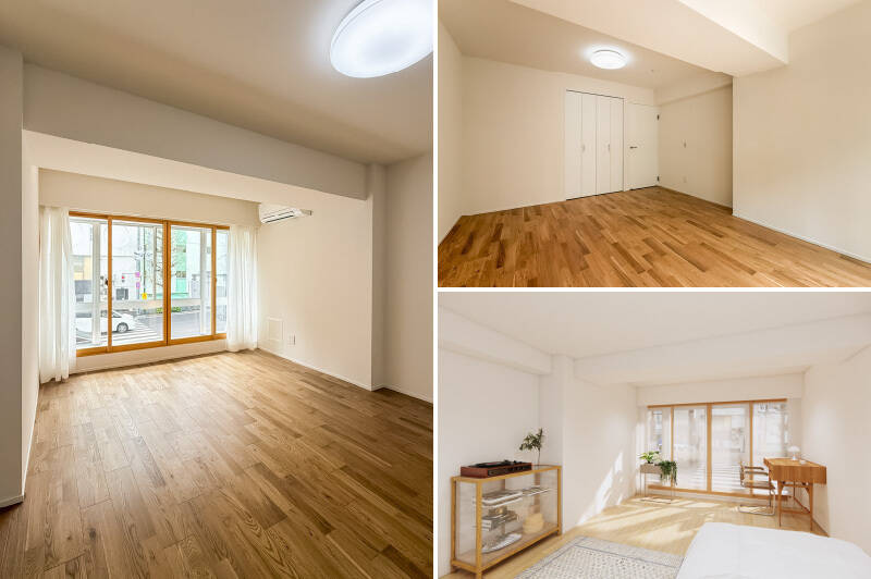 洋室Aの隣に位置する、洋室B。南西向きで、インナーサッシの木枠が内装のアクセントに。ダブルベッドのほかに、デスクやキャビネットも置いてもなお、スペースに余裕があります。（右下・CGイメージ）