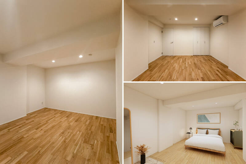 窓がないサービスルーム。照明で光のレイヤーを楽しみたい空間です。（右下・CGイメージ）