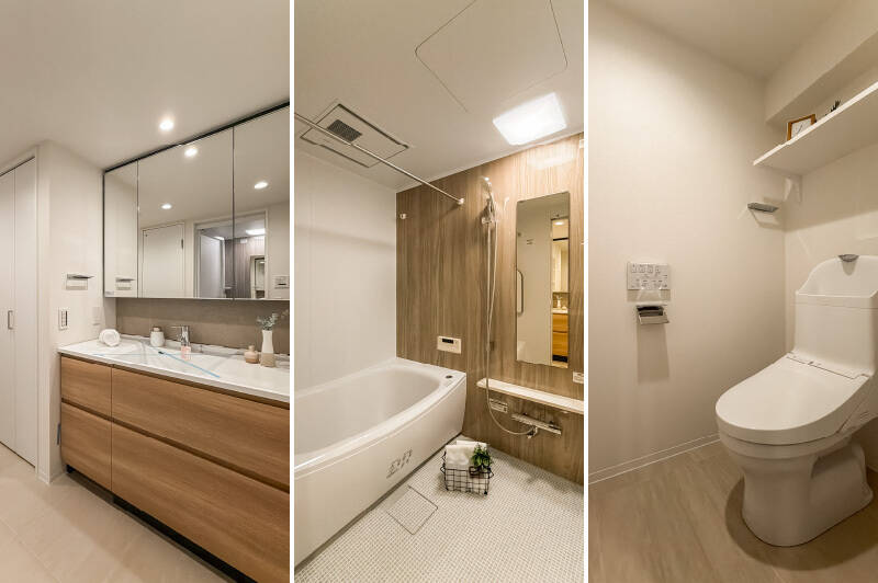 <p><b>左・</b>廊下からアクセスする洗面室。洗面台はカウカモオリジナルを採用しています。リネン類を収納できる、クローゼットも完備。／<b>中央・</b>リラックス感のあるバスルーム。浴室乾燥機が備わっています。／<b>右・</b>洗面所からアクセスするトイレ。</p>
