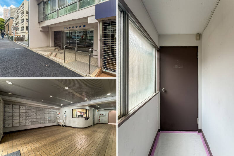 <p><b>左上・</b>エントランスは青梅街道沿いに。通りから少し奥まった造りになっています。／<b>左下・</b>広々とした共用ロビー。宅配ボックスが備わっています。／<b>右・</b>玄関扉は共用廊下の突き当たりに位置しています。</p>