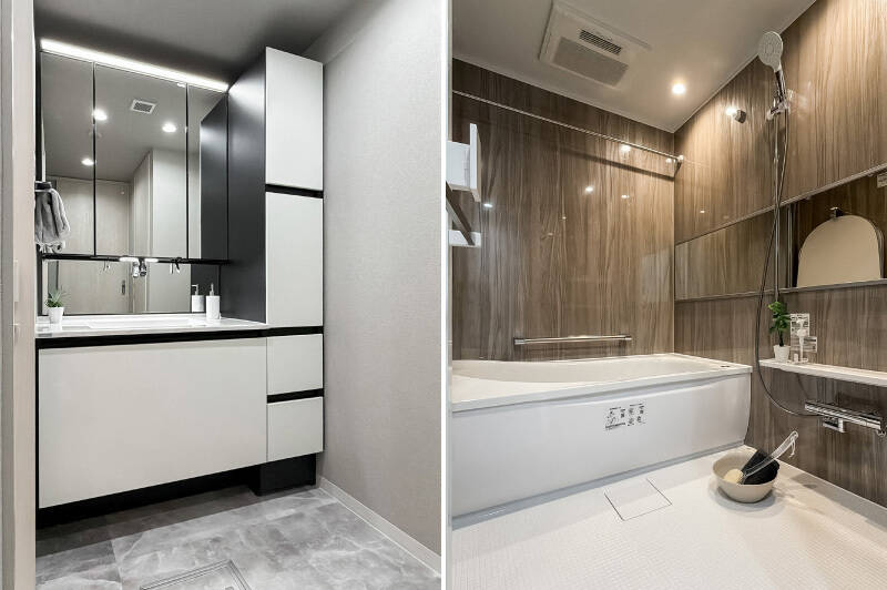 <b>左・</b>白と黒でパリッとした印象の洗面化粧台。同室に洗濯機置き場やリネン庫がありますよ。/<b>右・</b>木目調のユニットバス。1418サイズでゆったりしています。