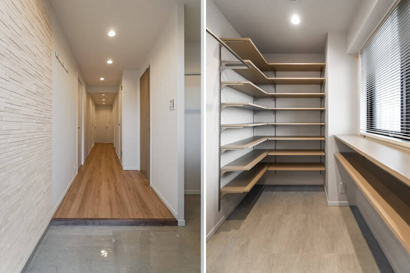 <p><b>左・</b>壁にエコカラットをあしらった、開放的な玄関。右手のドアを開けるとLDKです。そしてその手前には……／<b>右・</b>おお、さっそくの大収納！&nbsp;大きな窓のあるシューズインクローゼット（SIC）です。靴だけでなく、スーツケースや外遊びグッズなどもドーンと収納できそうな広さですね。</p>