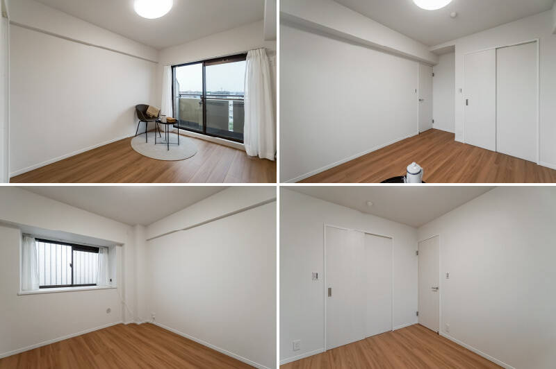 <p><b>上・</b>洋室Aの隣に位置している、ひとまわり小ぶりな洋室B。こちらにも、バルコニーに面した南東向きの窓があります。／<b>下・</b>一方こちらは玄関側にある洋室C。北西向きの窓の向こうは住戸の専用ポーチなので、家族以外が通ることはありません。プライベート感があってGOODですね。</p>