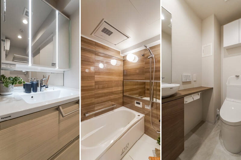 <b>左・</b>シンプルで機能的なデザインの洗面化粧台。ゆとりのあるほかの場所と比べると、洗面エリアだけがジャストサイズだと感じるかもしれません。／<b>中央・</b>バスルームはほんのり余裕を感じる1317サイズです。／<b>右・</b>トイレには木目調カウンターと小さな手洗いボウルが備わっています。