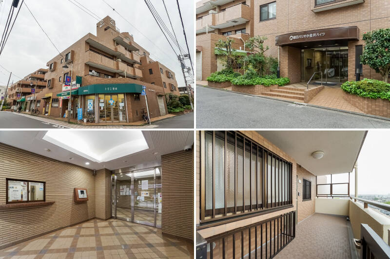 <b>左上・</b>新耐震基準に適合した1996年築のマンション。総戸数110戸の堂々たる佇まいで、1階部分にはテナントとして飲食店や薬局などが入居しています。／<b>右上・</b>これまで適宜修繕を重ねており、2024年には大規模修繕工事を完了済み。外観も共用部もキレイな状態ですよ。／<b>左下・</b>エントランスにはオートロックを完備◎／<b>右下・</b>8階の住戸の玄関前には、ゲートで区切られた約9㎡の専用ポーチが（写真に写っている部分すべて、住戸の専有スペースです）。うーん、広々。