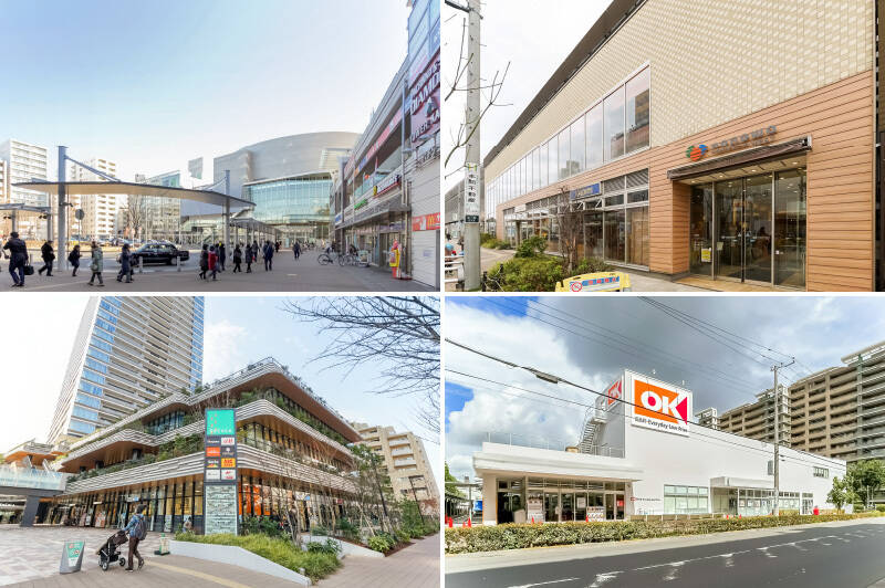 <b>左上・</b>最寄りはJR中央線「武蔵小金井」駅（徒歩5分）。新宿まで快速で約28分、吉祥寺まで約11分と、通勤にもお出かけにも便利ですよ。駅周辺は再開発によって商業ビルや広場が次々と整備されていていい雰囲気！／<b>右上・</b>駅直結の商業施設「nonowa（ノノワ）武蔵小金井 WEST」は食料品店や雑貨店などが豊富です。（徒歩5分）／<b>左下・</b>こちらは約50店舗が連なるショッピングモール「ソコラ武蔵小金井クロス」。衣食住、ほしい店舗が揃っている印象で心が踊ります。（徒歩5分）／<b>右下・</b>物件のそばには「オーケー 小金井店」も。日常の買い出しはこちらが便利そうです。（徒歩4分）