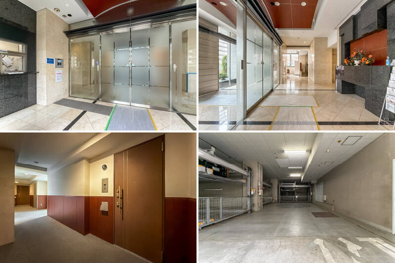 <b>左上・</b>マンションにはオートロックや宅配ボックスが完備されています。写真左奥は管理人室。管理人さんは、週5日8時〜17時で勤務されています。／<b>右上・</b>タイル貼りのホールはラグジュアリーな雰囲気。／<b>左下・</b>10階の住戸前に到着。腰壁のデザインがおしゃれ……！／<b>右下・</b>2026年2月9日時点で機械式駐車場に空きがあります。最新の空き状況や駐車可能サイズはお問い合わせください。