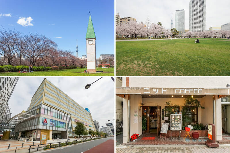 <b>左上・</b>「猿江恩賜公園」は、4つの広場やじゃぶじゃぶ池などがあり、ご家族でアクティブな休日を過ごすにはぴったりなスポット。（徒歩8分）／<b>右上・</b>大きな公園がもうひとつ近所に。「錦糸公園」は複数の広場があるのであっという間に夕方になってしまうかも。ワンちゃんとのお散歩にもおすすめです！ （徒歩6分）／<b>左下・</b>「錦糸公園」で遊んでいたら夕飯の支度が間に合わない……！ ご安心ください。公園のすぐ隣「オリナス錦糸町」で買い出しするも良し、外食するも良し。映画館も入っているので、雨の日のお出かけにも◎ （徒歩11分）／<b>右下・</b>3時のおやつに「喫茶ニット」で厚みのあるフカフカなパンケーキを召し上がれ♡ （徒歩5分）