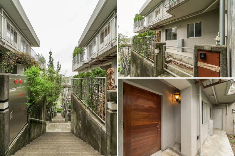 <p><b>左・</b>管理事務室のあるメインフロアから6階分の階段を上ると、この景色が広がります。エレベーターはないため、日々の動線については現地でご確認ください。／<b>右上・</b>扉を開けると、ゆとりある玄関ポーチ。まるで戸建てのような佇まいです。／<b>右下・</b>玄関扉は木製で、脇には愛らしい照明がひとつ。奥の白い扉の先には、約3帖のトランクルームが。</p>