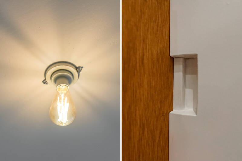 <b>左・</b>一般的なダウンライトの代わりに、住戸のあちこちにエジソン電球を設置。天井には放射状に陰影が広がって、空間に表情を添えます。／<b>右・</b>引き戸は、金具の取っ手ではなく扉を切り欠いて作られたミニマルなデザインに。扉全体がよりすっきり見えます。