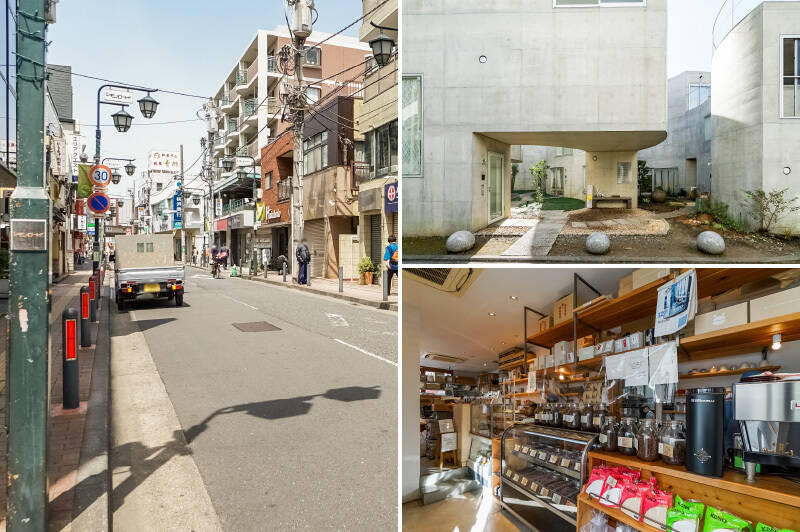 <b>左・</b>「大倉山」は駅の東西にふたつの商店街が延びています。物件から駅までの間に通る東側の「レモンロード」商店街では、暮らしに便利なお店が揃います。（徒歩13分）／<b>右上・</b>建築家・妹島和世設計の建物内にひっそり佇むスタイリッシュな「ブックカフェ élever（エルヴェ）」。居心地がいい静かな時間を過ごせます。（徒歩18分）／<b>右下・</b>「大倉山」駅近くのコーヒー専門店「TERA COFFEE 大倉山店」。コーヒー好きなら押さえておきたいスポットです。（徒歩17分）