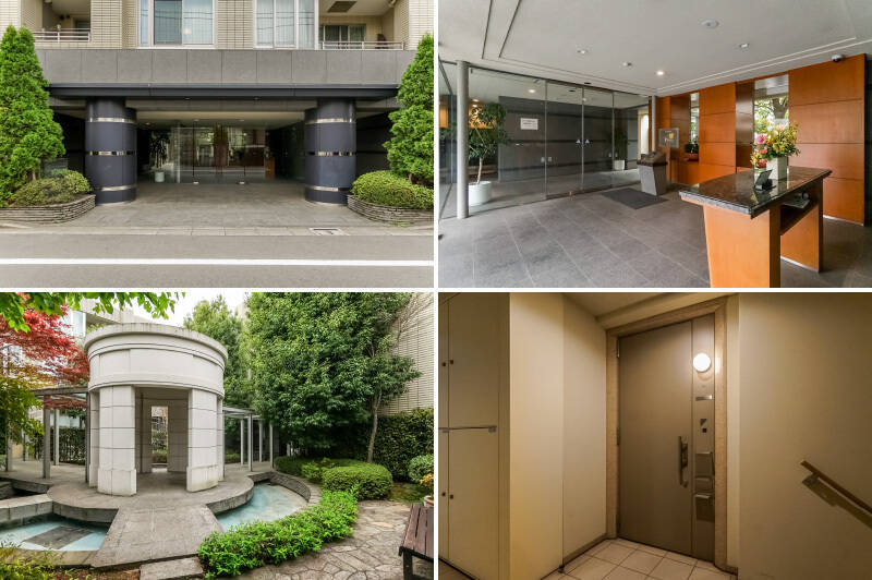 <b>左上・</b>エントランスは、どっしりとした佇まい。/<b>右上・</b>オートロックが備わっています。管理人さんの受付カウンターがありましたが、取材日は不在。月・水・木・土曜日の7時半〜15時半で出勤されています。/<b>左下・</b>こちらは敷地内にある素敵な雰囲気の中庭スペース。住戸までのアプローチには屋根があるので、雨の日は濡れずに済みます。/<b>右下・</b>住戸は1階所在です。