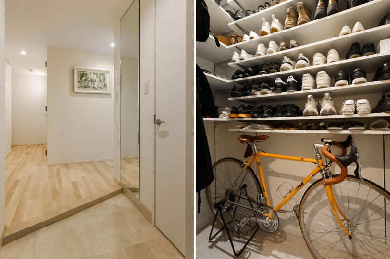 玄関脇に用意されたシューズインクローゼットは、ご覧の収納量! 可動棚なので、靴の大きさや収納する物に合わせて、自由に高さ調整可能です。