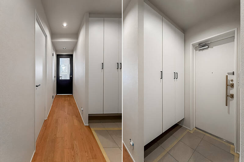 <b>左・</b>廊下とLDKを仕切る扉はガラス入りで、奥の窓から光が差し込みます。／<b>右・</b>玄関には、トールタイプのシューズクローゼットを設置。