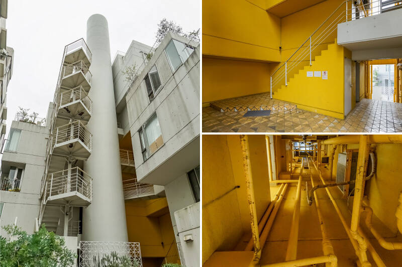 <b>左・</b>外観だけでなく共用部も見どころがたくさん! 写真中央の存在感ある円柱。中にはエレベーターが設置されています。/<b>右上・</b>アプローチを進んだ先には、ビビッドな黄色で塗装された共用部。幾何学模様のタイル貼りも目を惹きますね。/<b>右下・</b>住戸の玄関近くの吹き抜けを見上げると、その内側まで黄色の塗装が施されています。細部にまで遊び心が感じられる設計ですね。