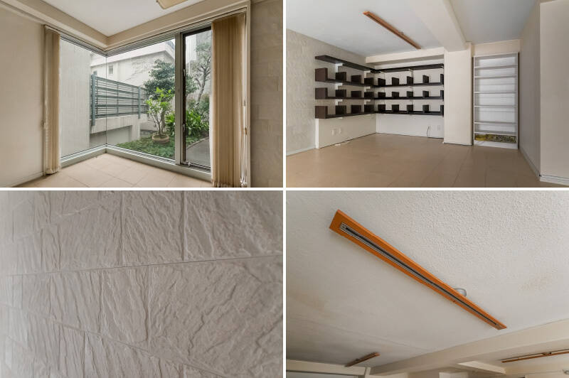 <b>左上・</b>東向きの窓は開放感があるコーナーサッシ。/<b>右上・</b>本や小物をお店のようにディスプレイできそうな、大容量のオープンシェルフ。/<b>左下・</b>南東向きの壁は凹凸感があるタイル貼りに。/<b>右下・</b>LDと洋室の天井には、オレンジのデザインが可愛らしいダクトレールが。好きな照明を設置して、インテリアを楽しめそうですね。