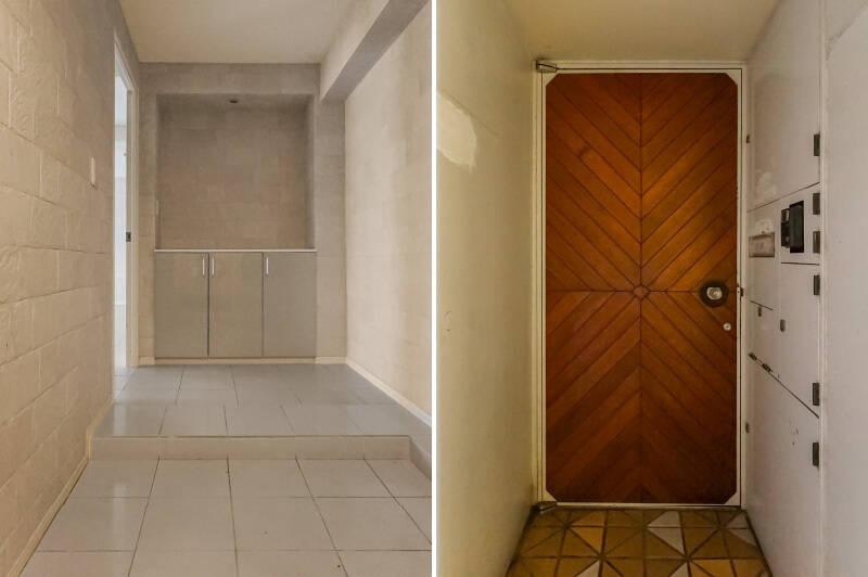 <b>左・</b>シューズボックスは腰高タイプ。棚上にはインテリア小物などが飾れそうです。/<b>右・</b>木の温もりを感じる、愛らしい佇まいの玄関扉。