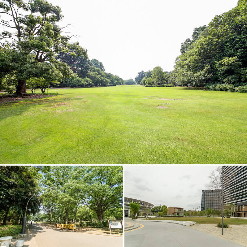 マンション周辺は住宅やビル、個性あるお店が建ち並ぶエリア。少し歩くと大きな公園が複数あります。都心でありながら緑を感じられ、街のにぎわいと自然の両方を楽しめるのはこのエリアならではの魅力。マンションからは「新宿御苑」(徒歩15分)、「代々木公園」(徒歩14分)、「都立明治公園」(徒歩9分)にアクセスしやすいですよ。